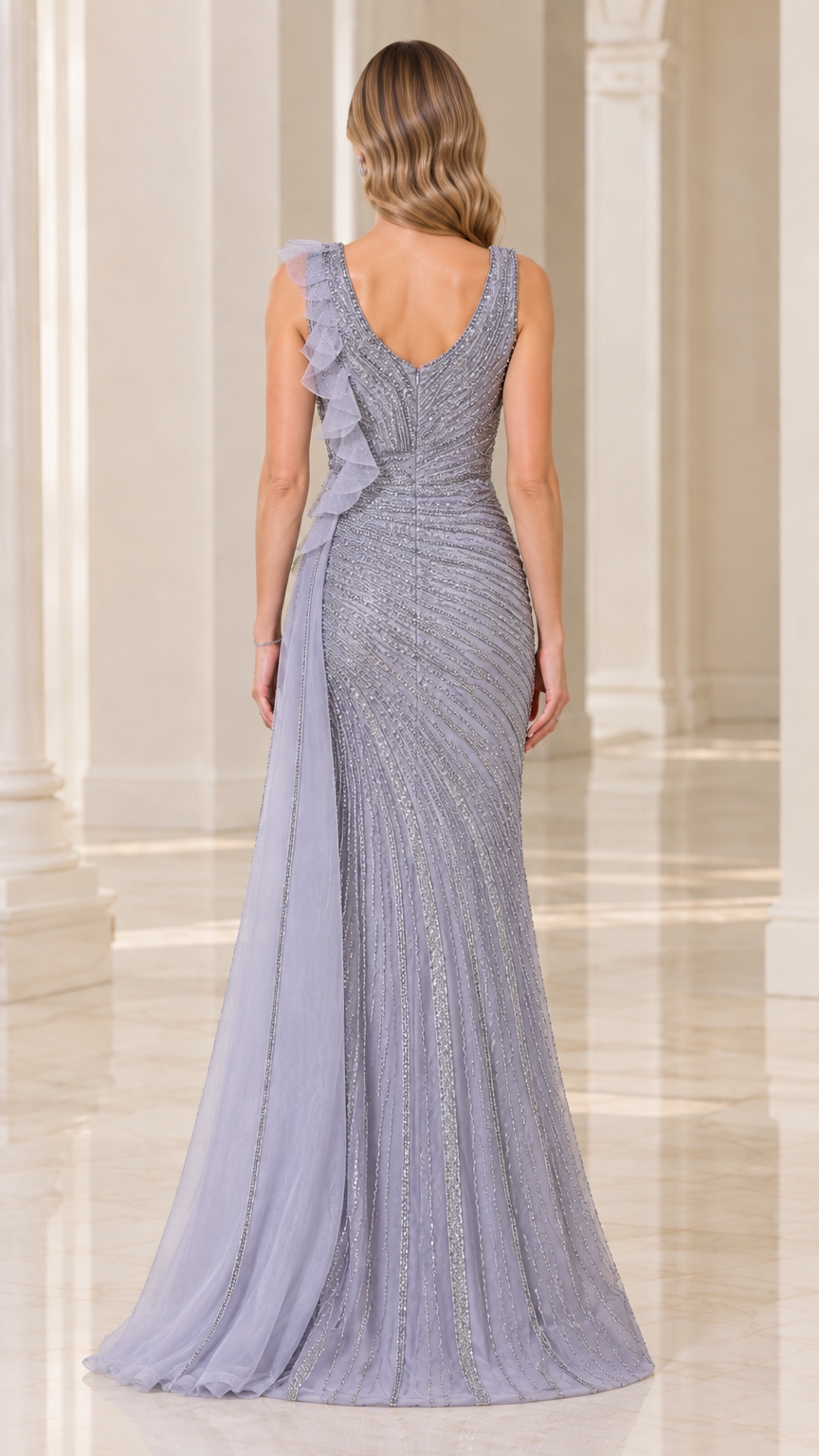 Dusty Blue mermaid formal dress back view featuring V-back and flowing side drape