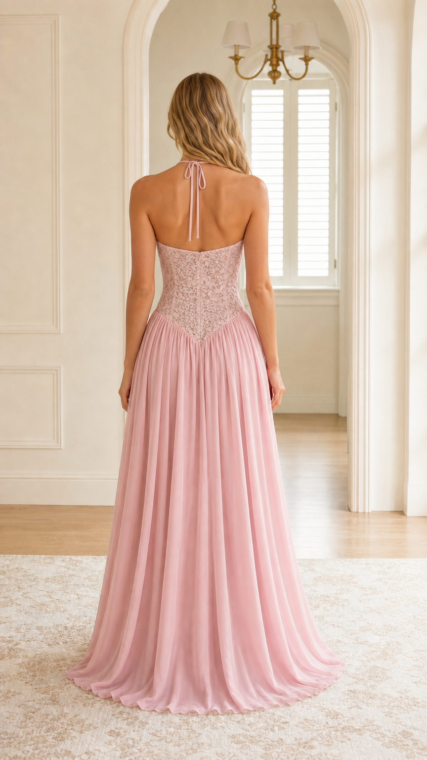 Back view of pink evening gown showing halter straps