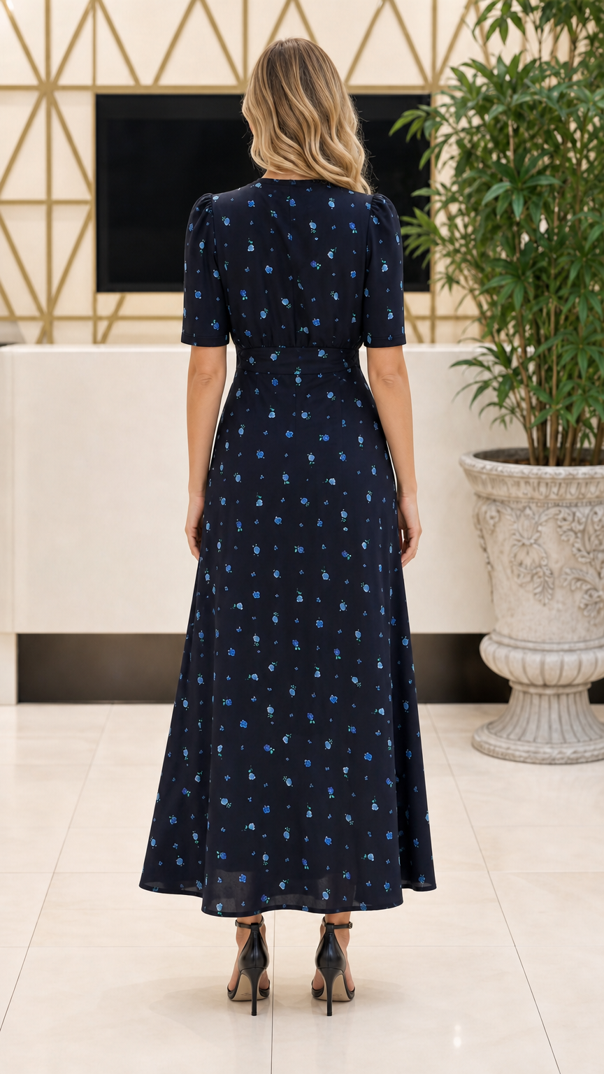 Back view of model showcasing the silhouette of Navy Blue floral maxi dress