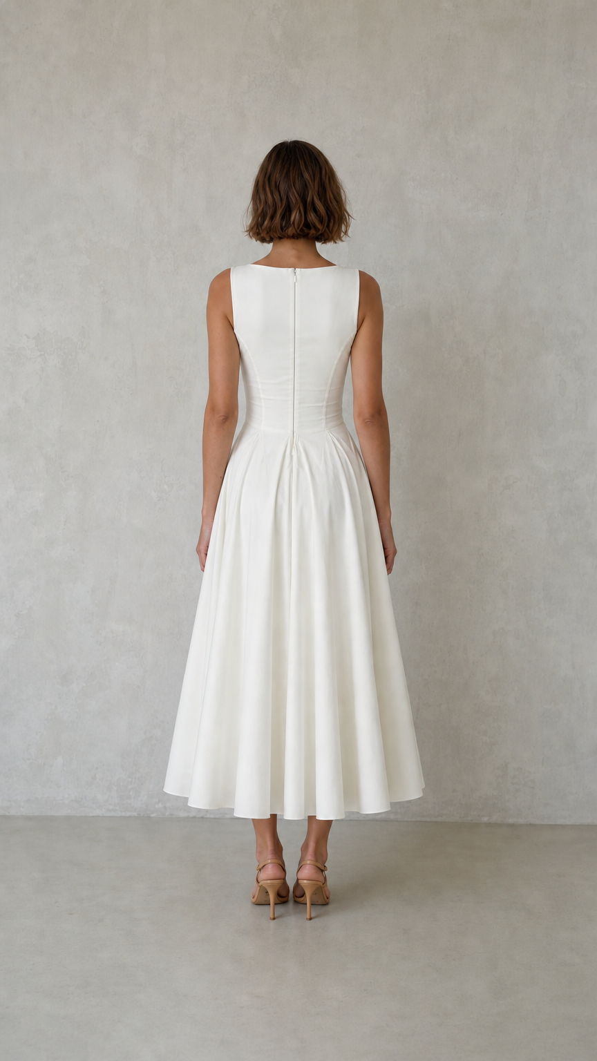 Back view of woman wearing white pleated dress