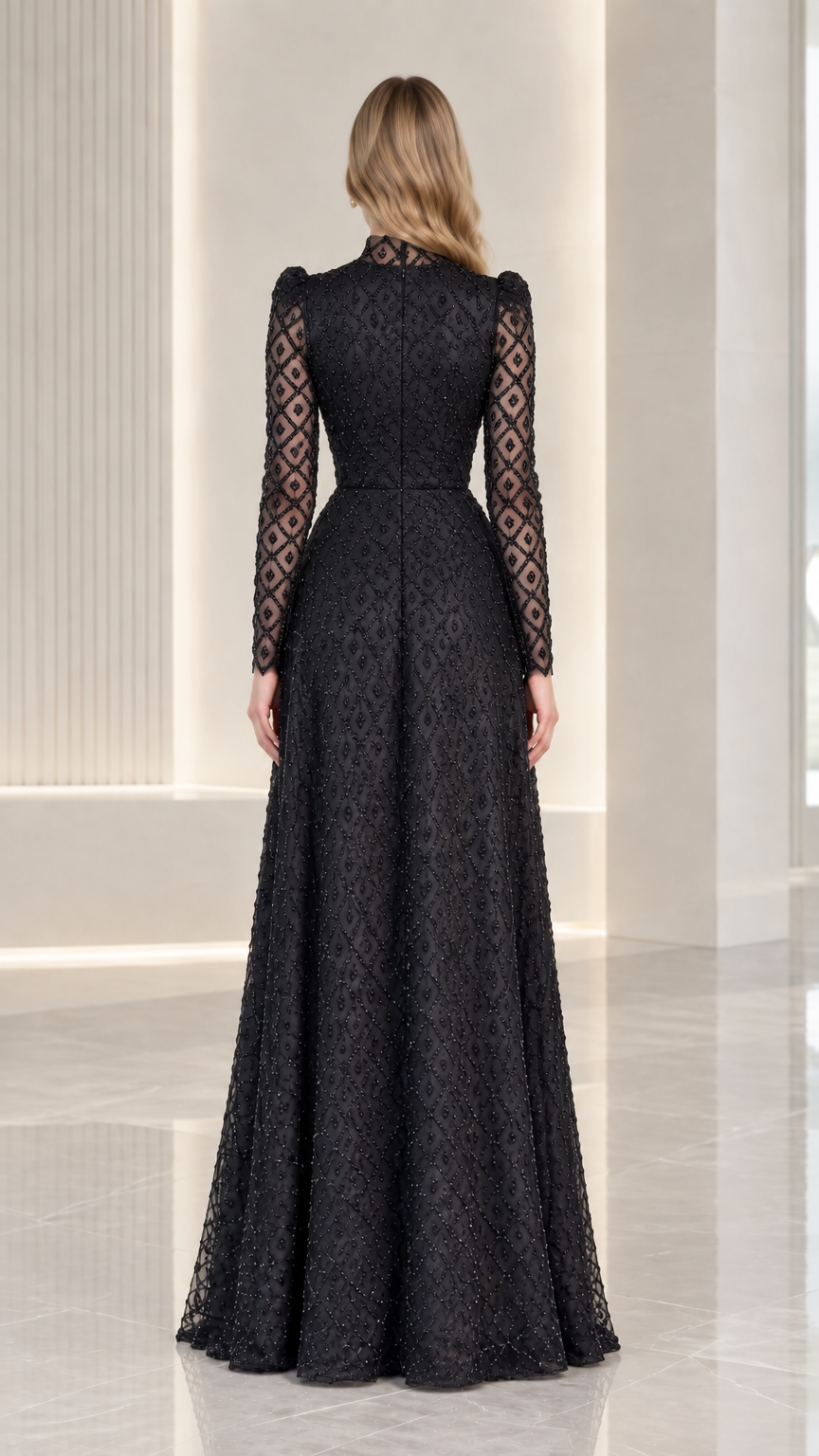 Back view of model in black high neck beaded evening gown showing zipper detail