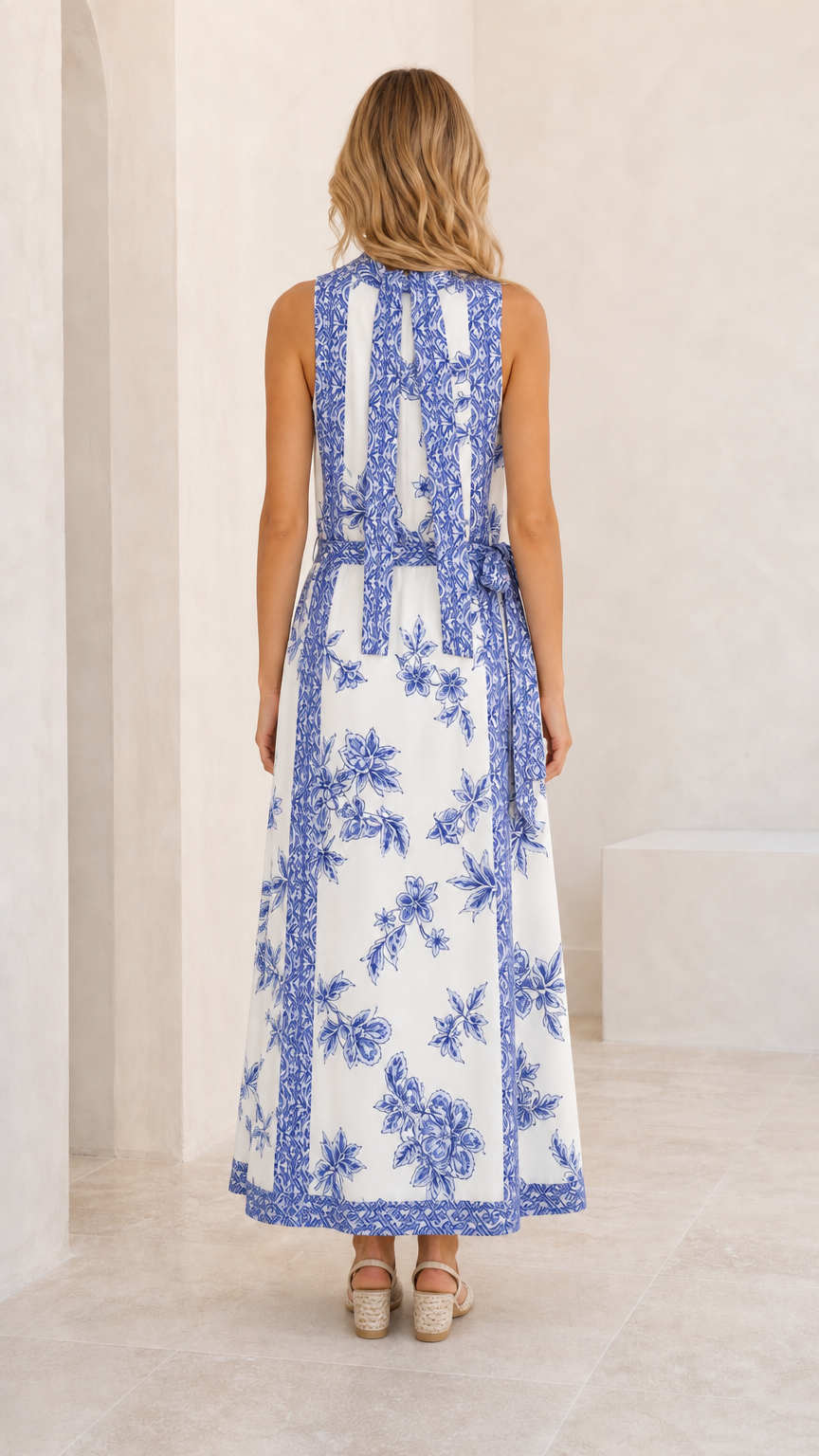 Back view of white floral maxi dress showing detailed neck tie
