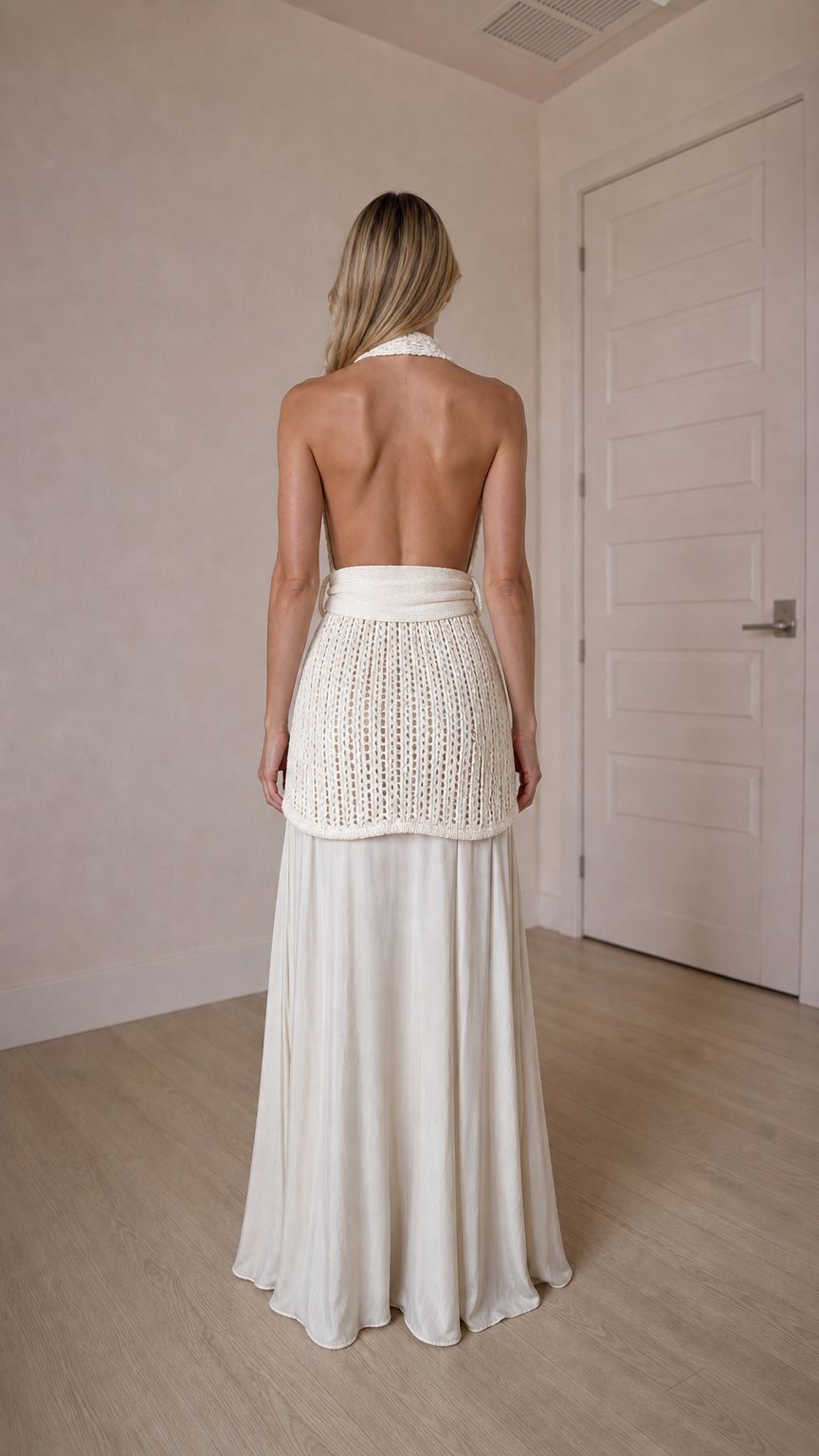 Back view of ivory open back halter top and skirt