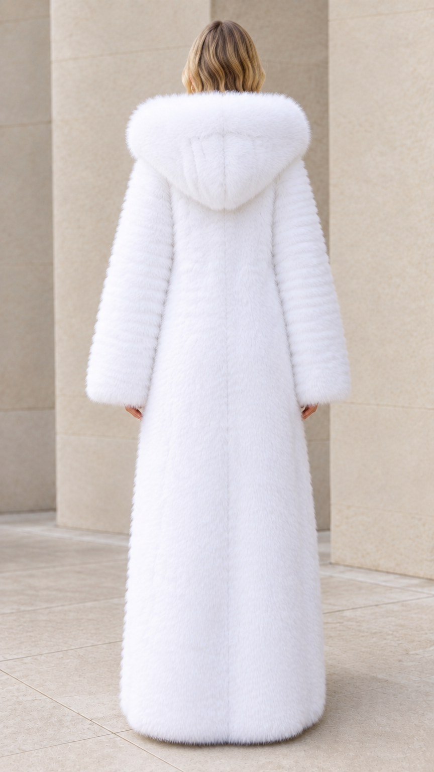 Back view of women's white hooded long faux fur winter coat