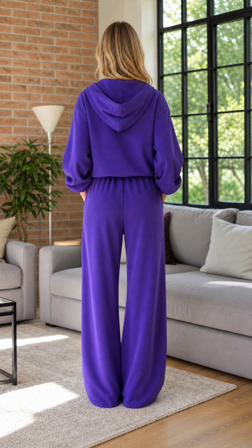 Model wearing purple hoodie and wide leg lounge pants back view