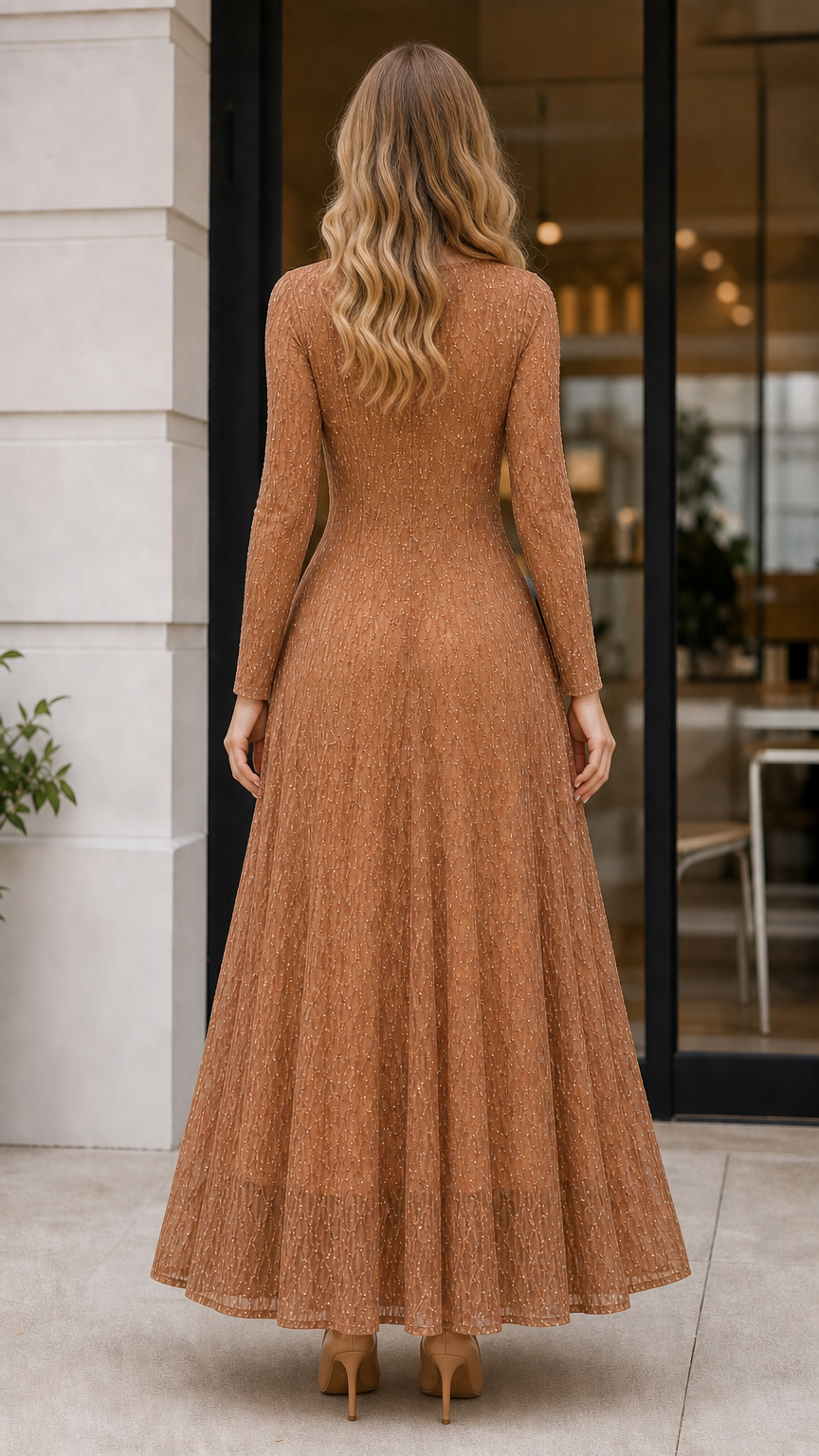 Back view of Bronze long sleeve A-line maxi dress