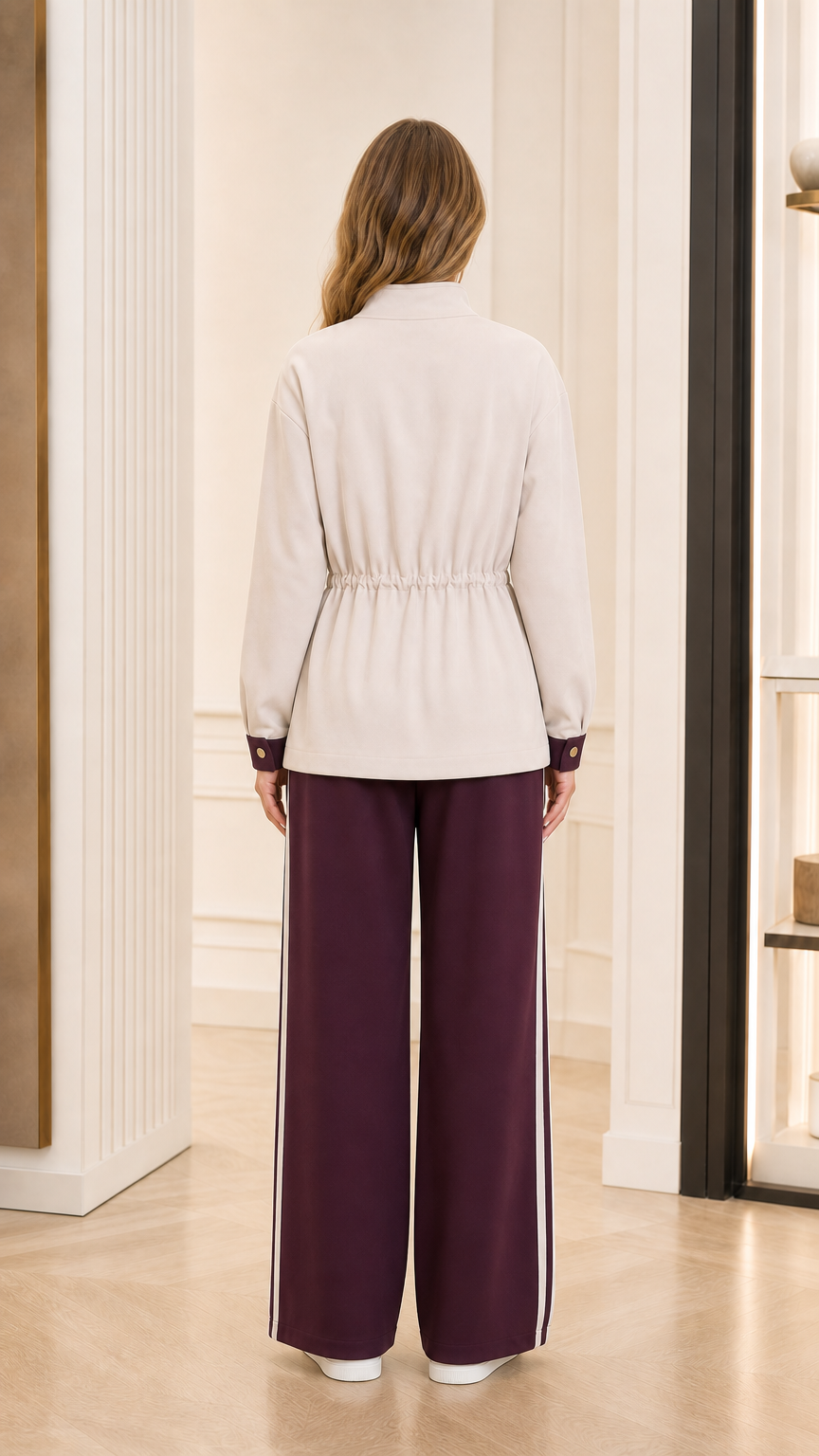 Back view of model showing the cinched drawstring waist and clean fit of the beige jacket
