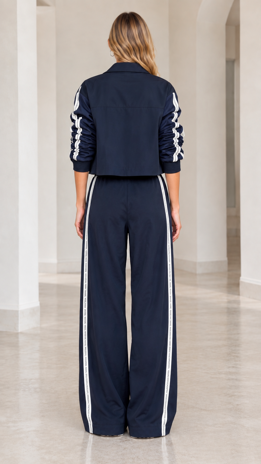 Back view of model in Navy Blue track pants and cropped jacket set