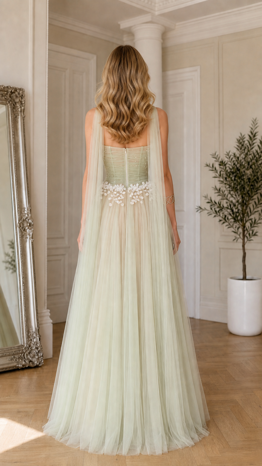 Back view of sage green tulle evening gown highlighting back neckline and cascading shoulder streamers