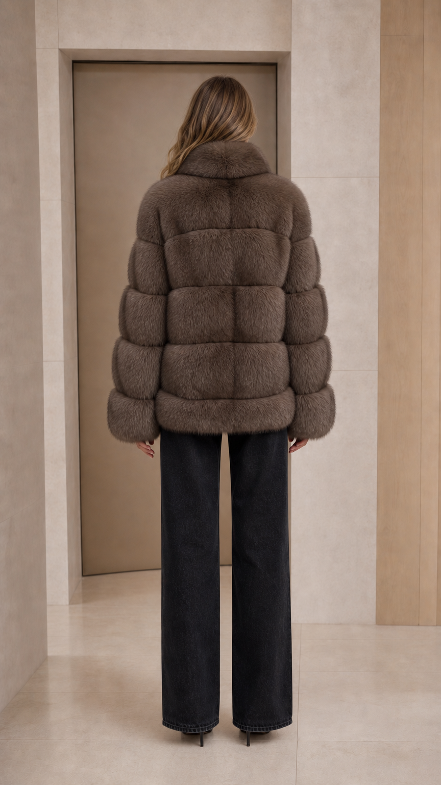 Back view of taupe horizontal paneled faux fur winter jacket