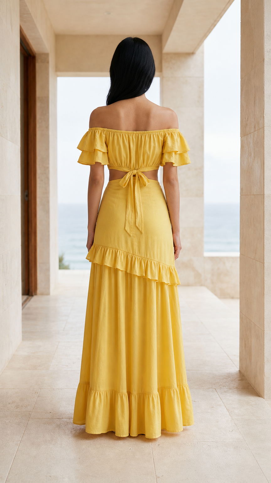 Back view showing self-tie detail of yellow maxi dress