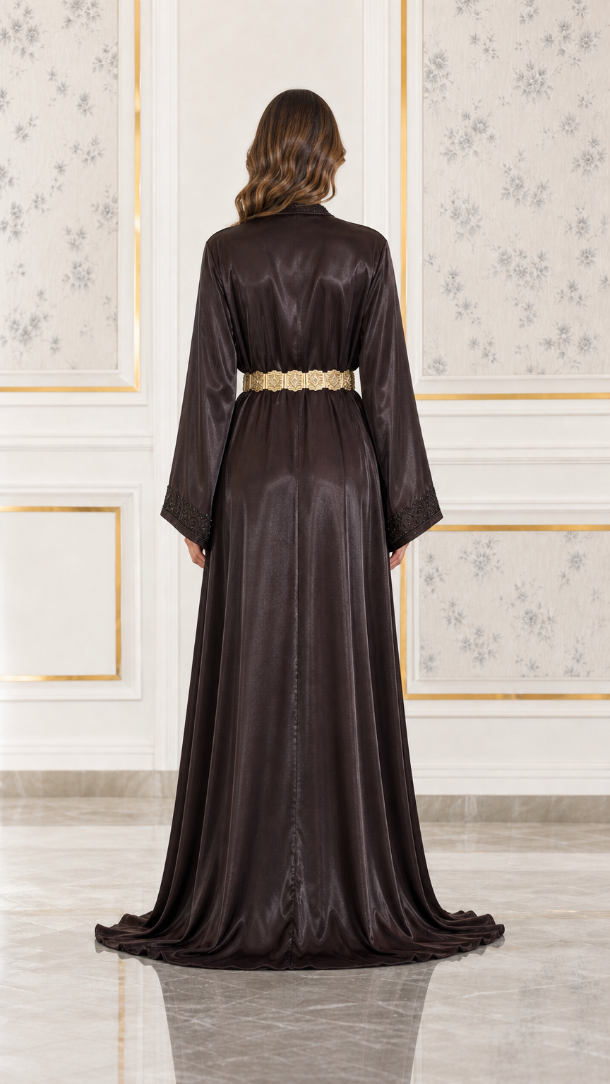 Back view of floor-length dark brown satin formal dress with metallic belt