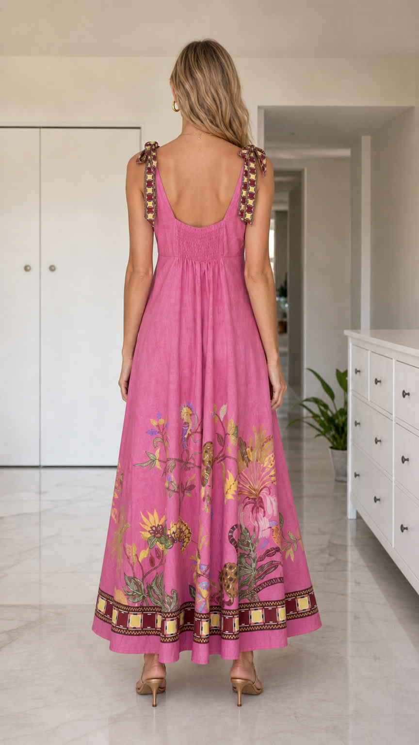 Back view of pink floral maxi dress showing smocked detail