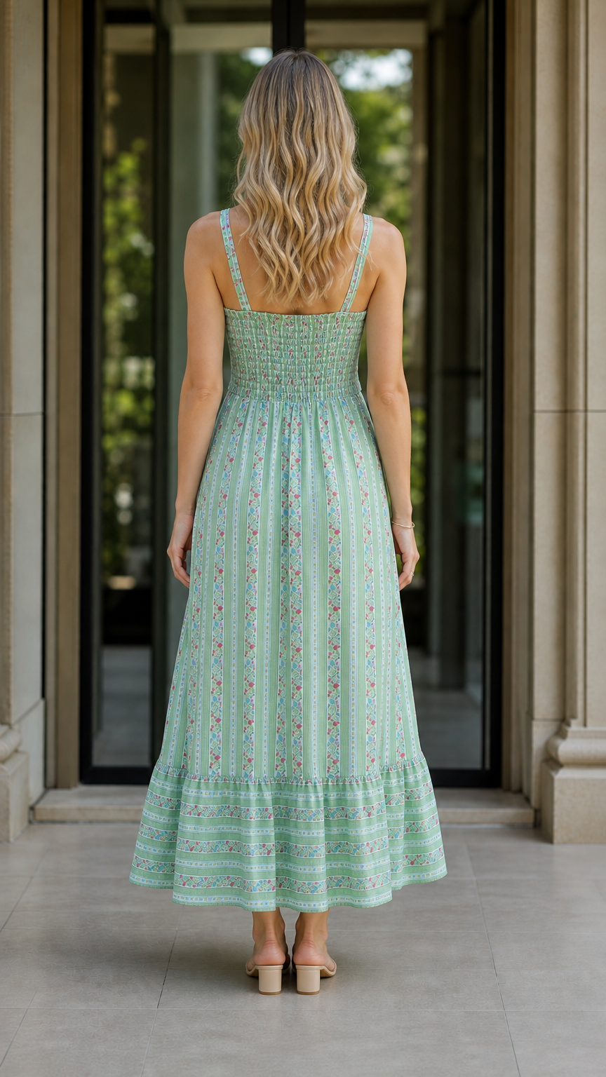 Back view of green floral striped maxi dress showing smocked bodice
