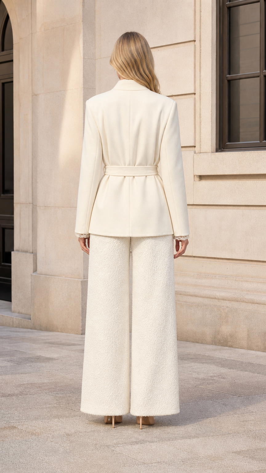 Back view of model in cream belted blazer highlighting clean fit and waist tie