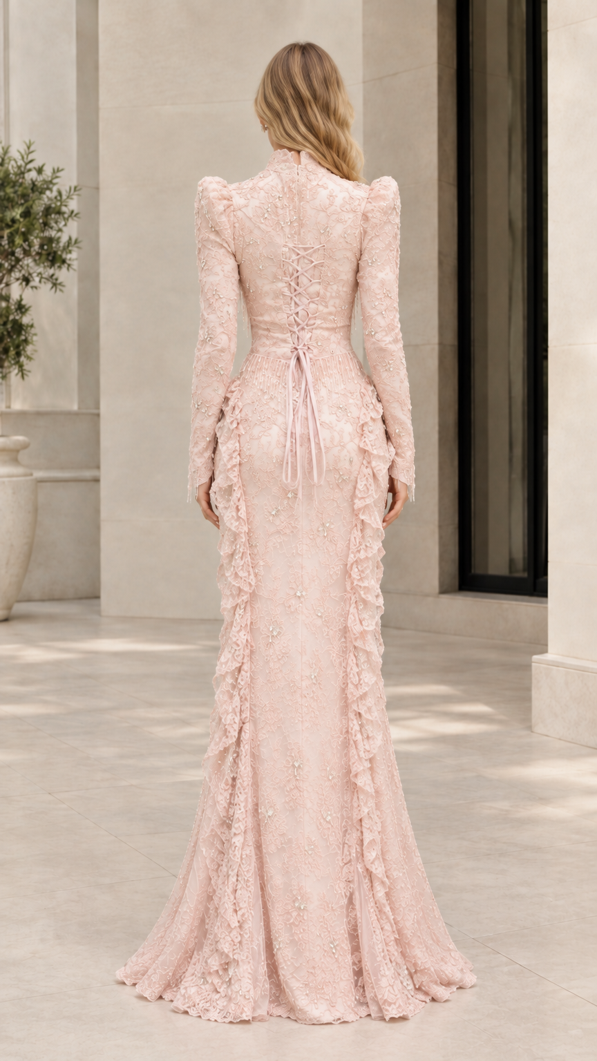 Back view of blush pink formal gown showcasing lace-up corset back detail