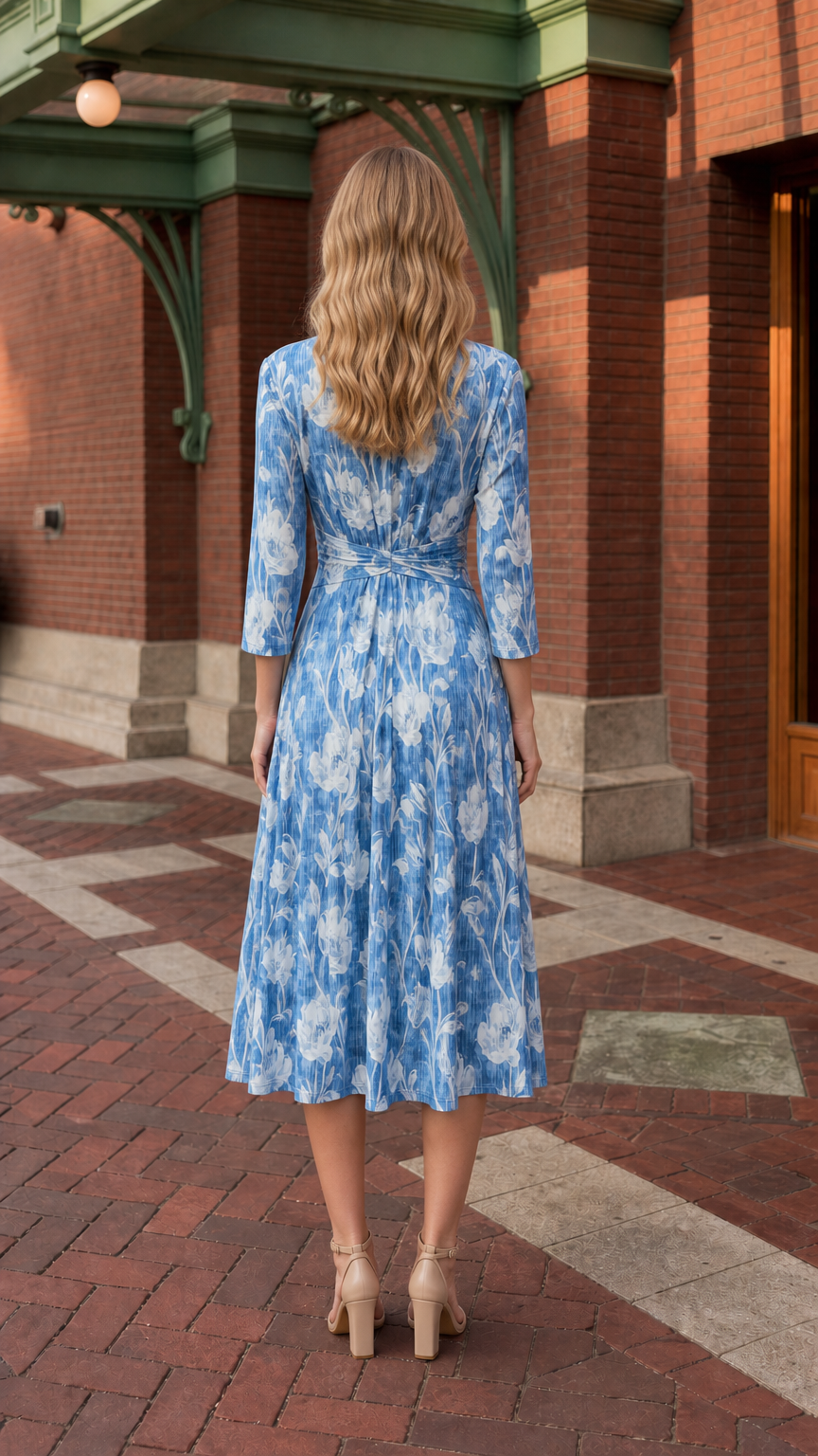 Back view of model in blue floral pleated midi dress
