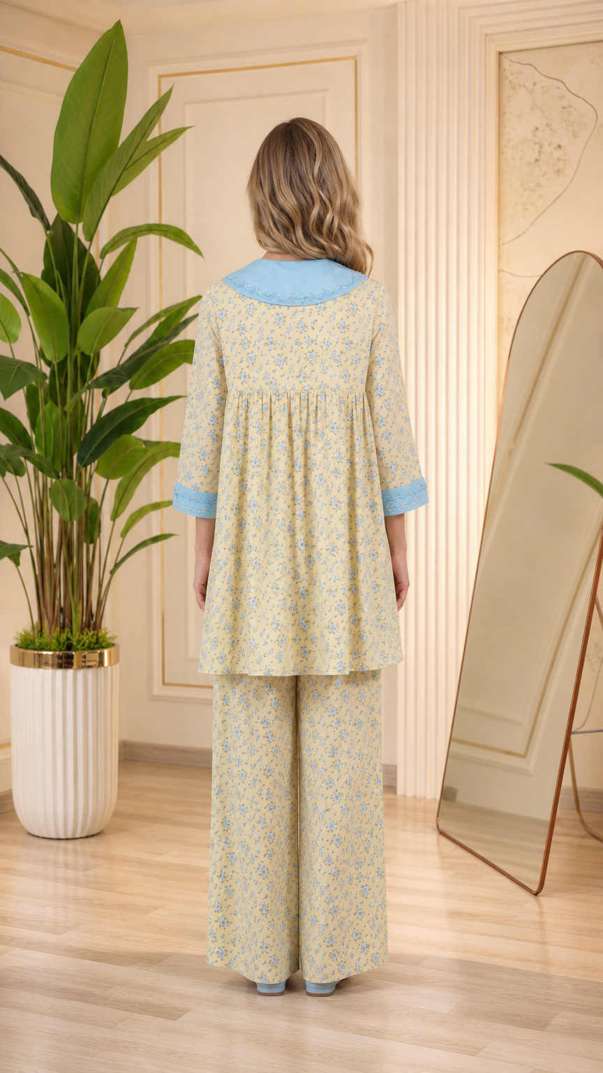 Back view of model in pastel yellow floral tunic pajama set