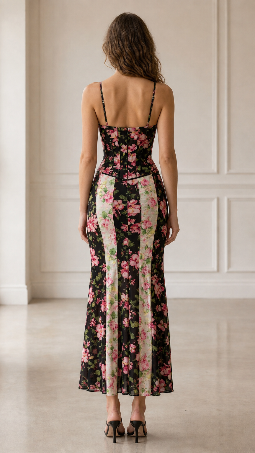 Back view of woman wearing Black floral corset midi dress set
