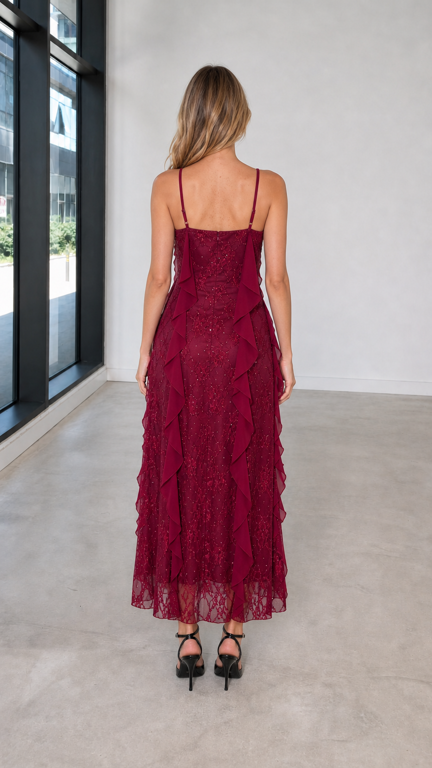 Back view of burgundy lace maxi dress with delicate straps
