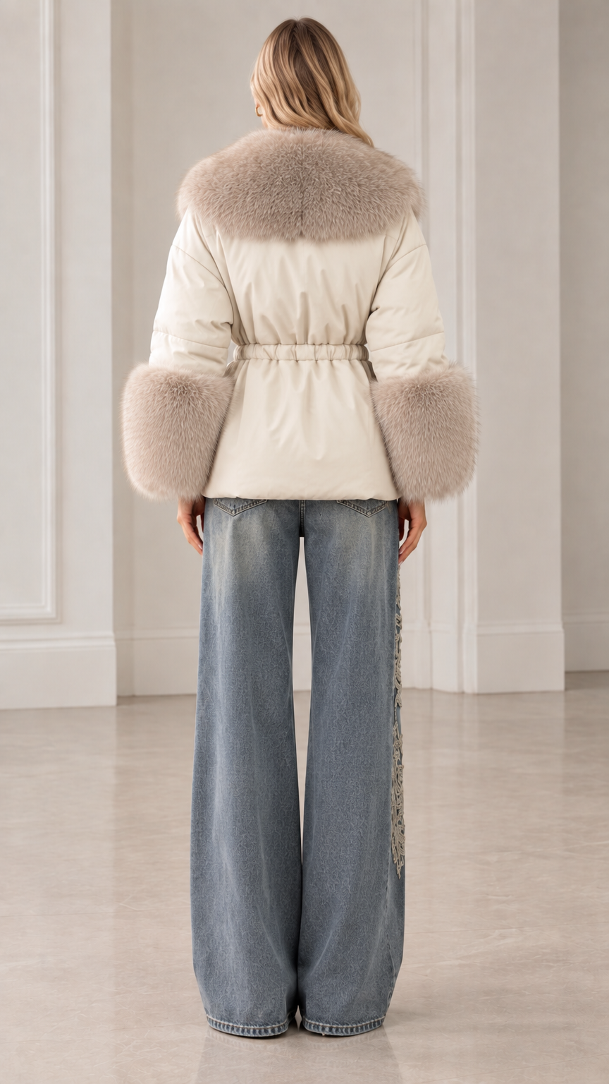 Back view of cream quilted puffer jacket showing cinched waist and fur collar