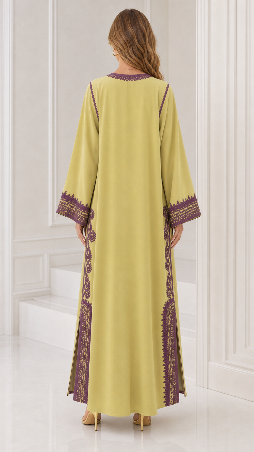 Back full view of lime green long sleeve modest kaftan maxi dress