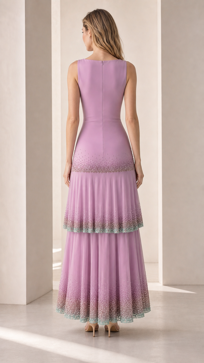 Back view of model in lavender sleeveless tiered evening dress