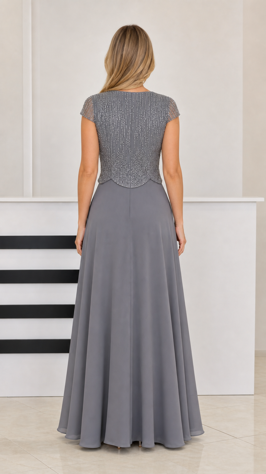 Back view of Slate Gray floor-length beaded chiffon evening gown
