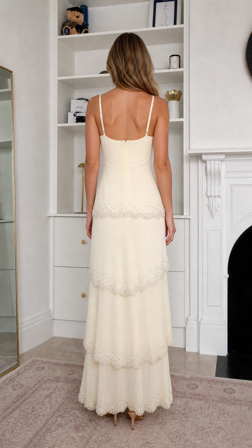 Back view of Ivory beaded tiered maxi dress