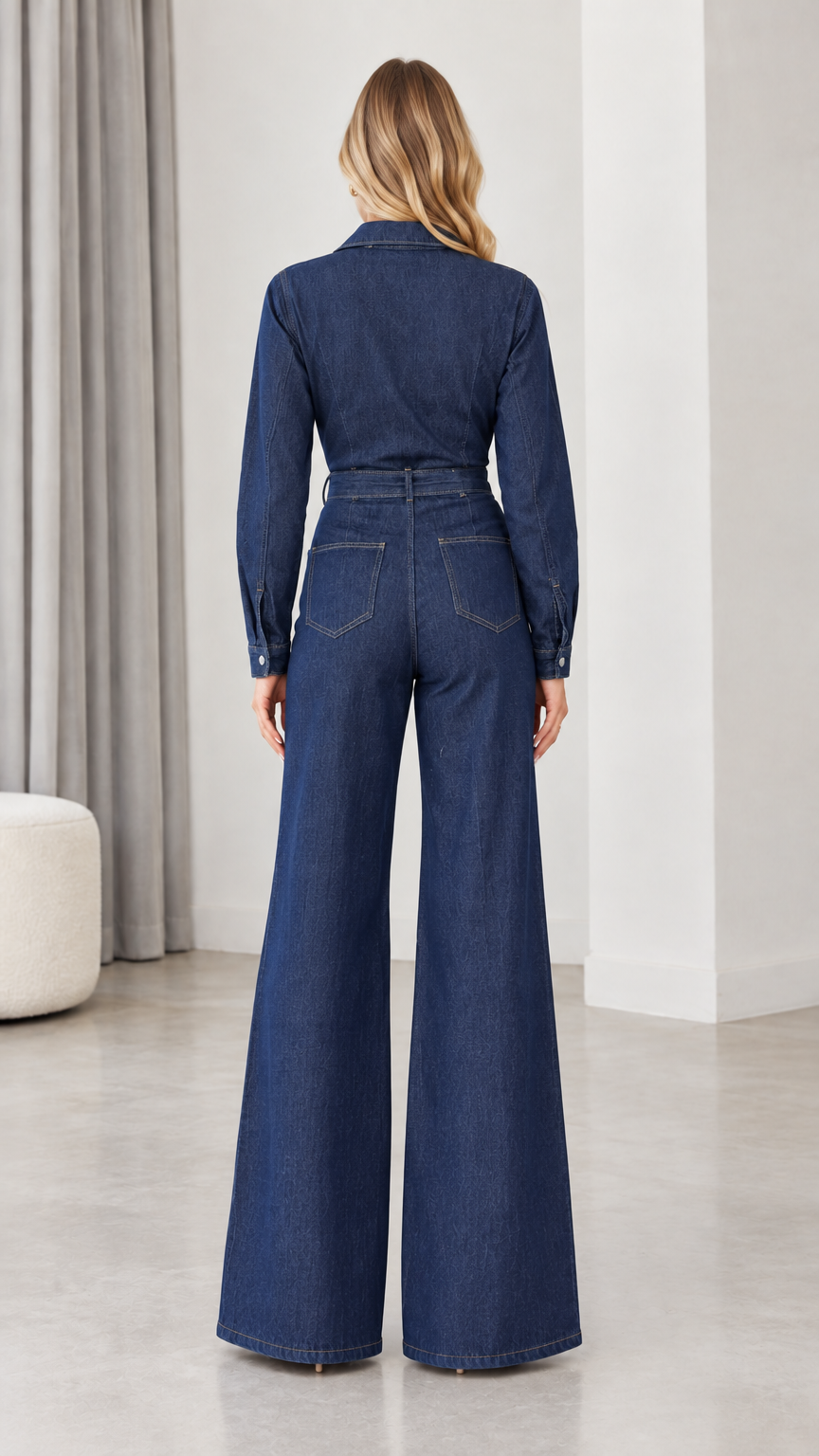 Back view of woman wearing dark blue denim jumpsuit showing back pockets