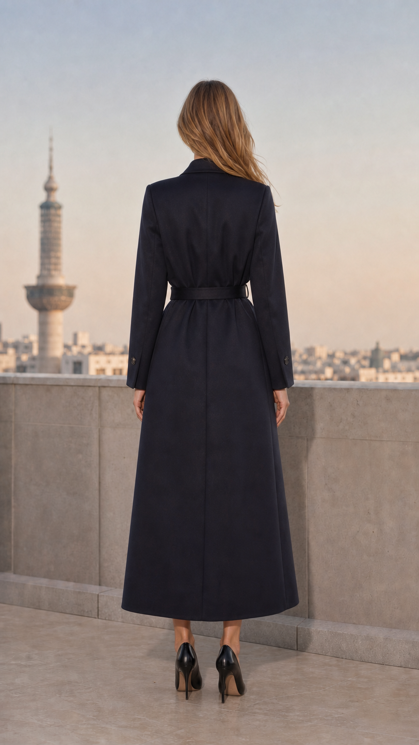 Back view of woman wearing ankle-length navy blue wrap overcoat