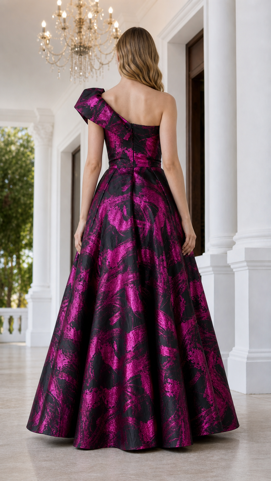 Back view of fuchsia metallic ball gown