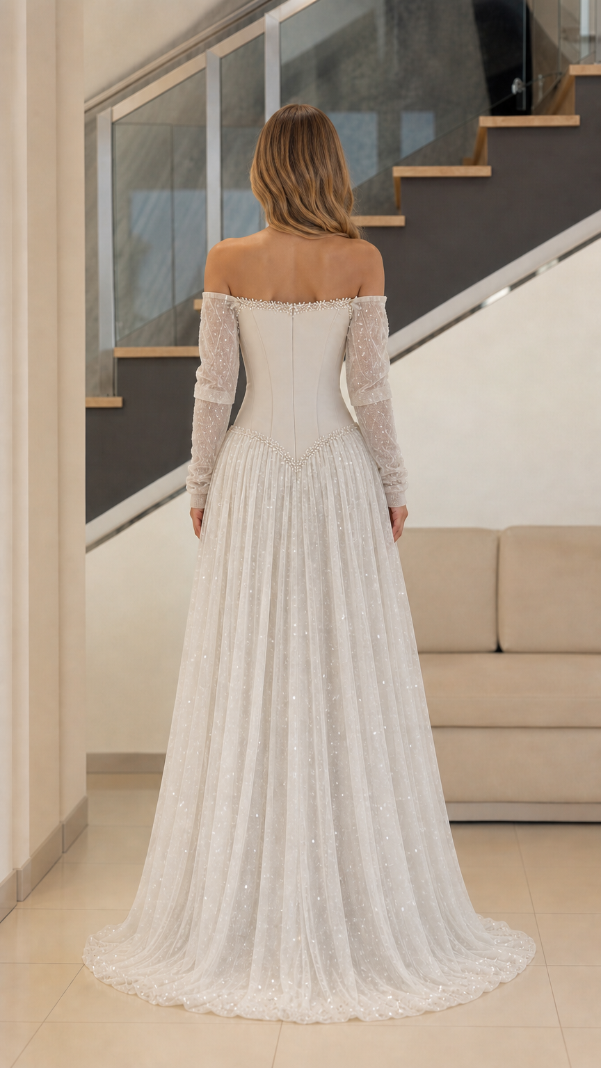 Ivory corset back evening gown with shimmering tulle skirt - back view