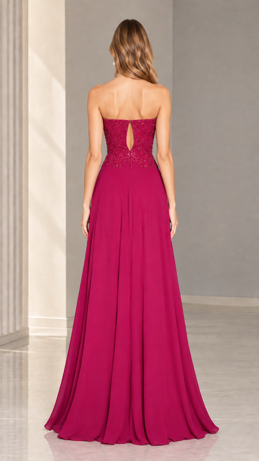Back view of magenta formal gown showing teardrop keyhole back cutout
