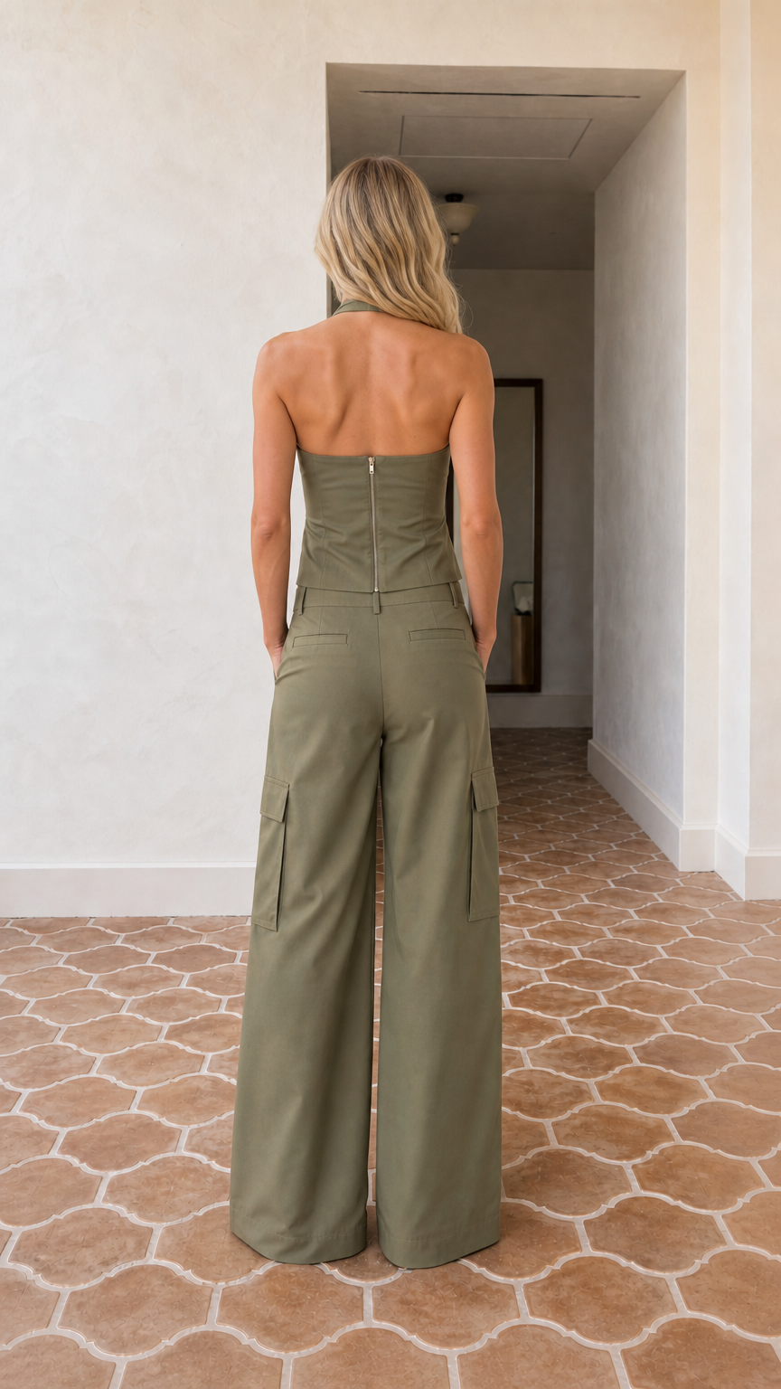 Back view of model showing open back halter top and wide-leg trousers in olive green