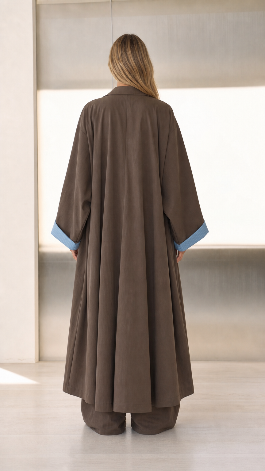 Back view of Mocha Brown flowing duster coat and matching trousers