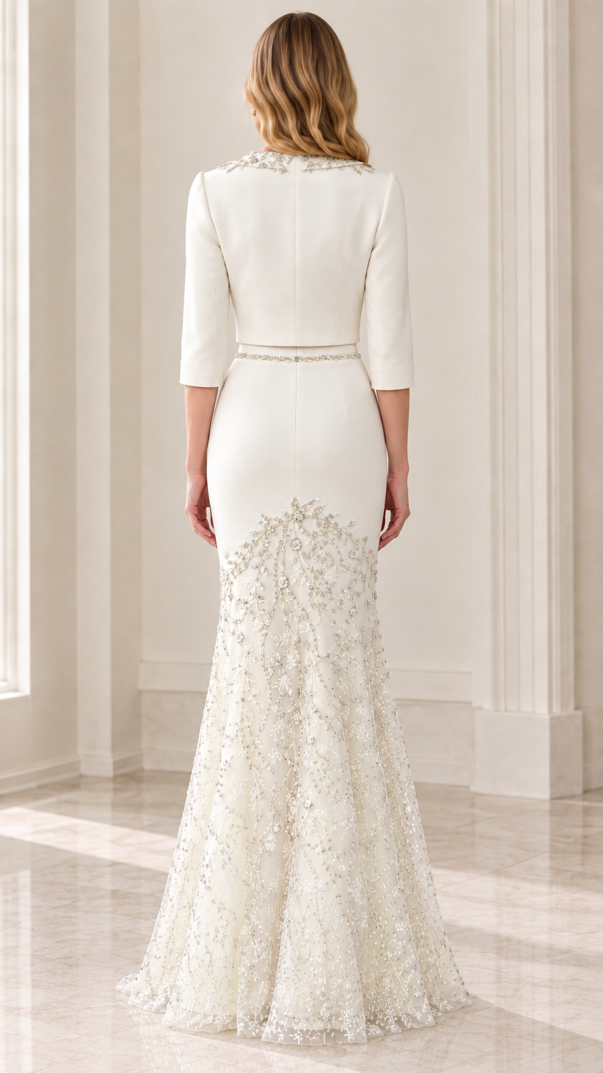 Back view of model in Ivory tailored 3/4 sleeve mermaid evening gown