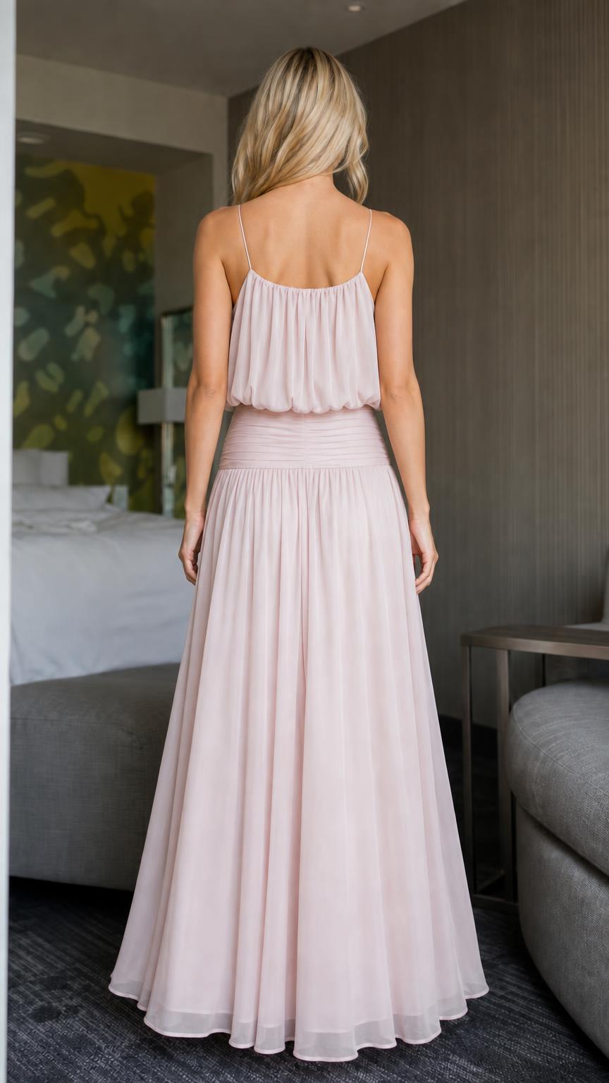 Back view of pink flowy maxi dress