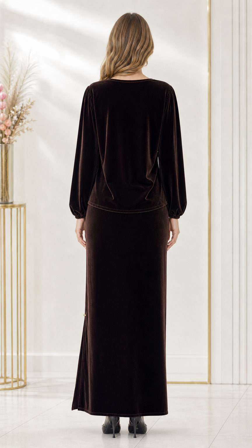 Back full-length view of woman wearing dark brown velvet long sleeve top and maxi skirt