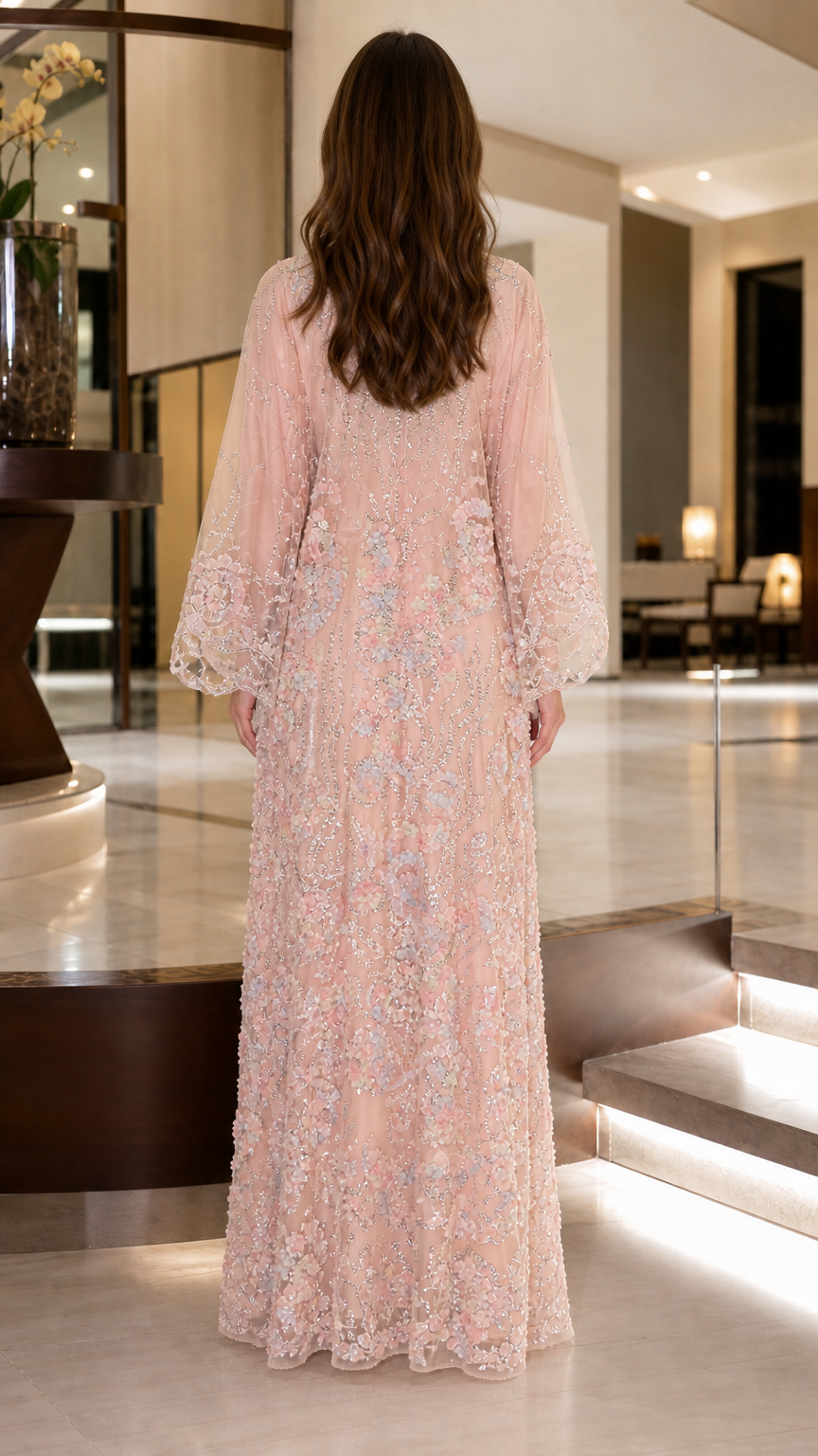 Back view of blush pink embroidered sequin kaftan maxi dress
