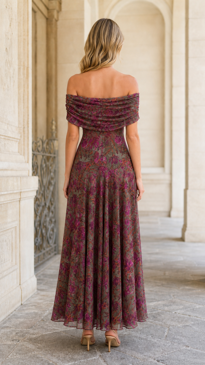 Back view of model showing draped upper back detail