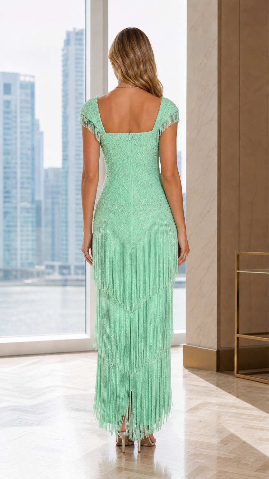 Back view of mint green square back fringe evening gown