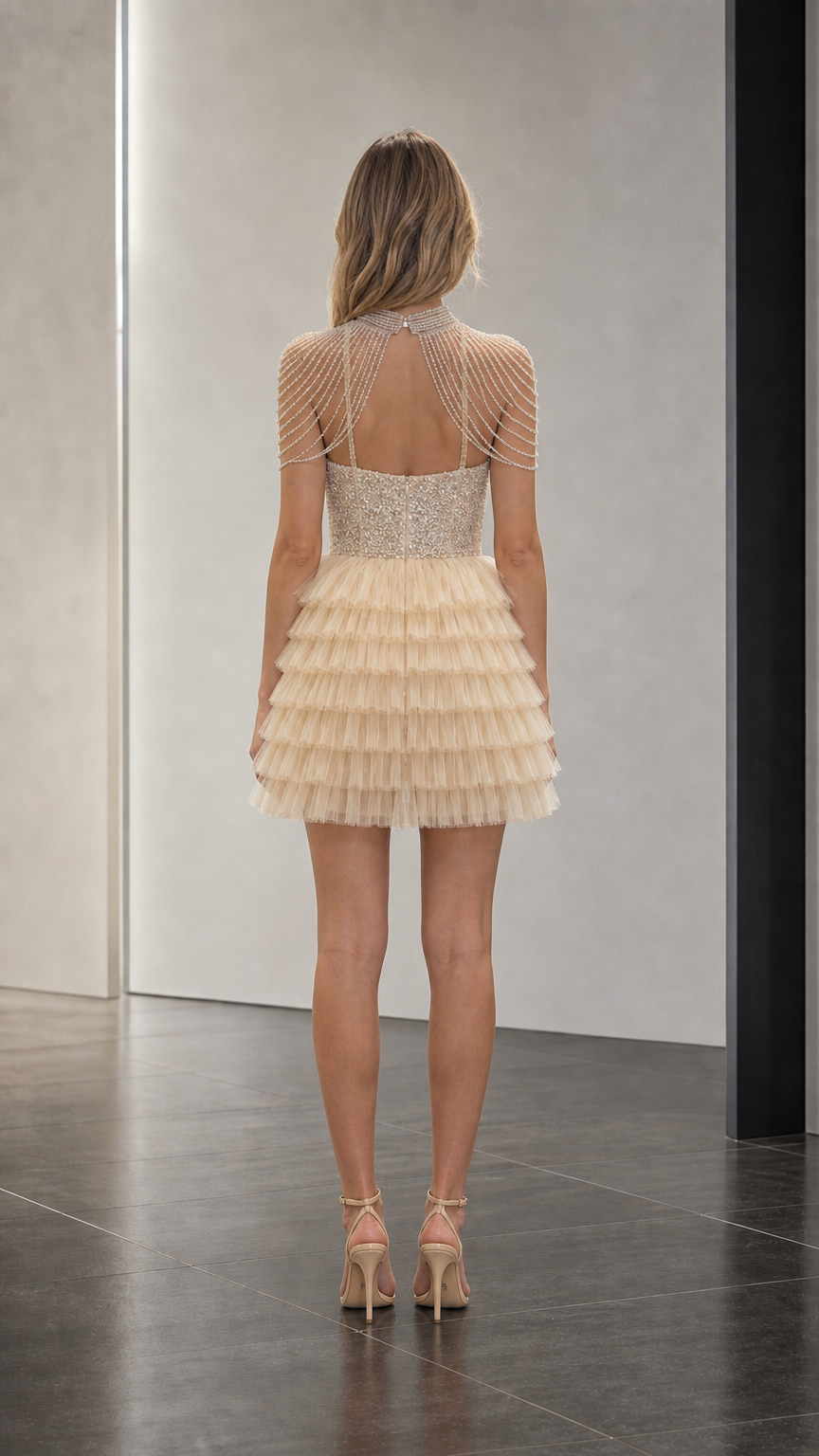 Back view showcasing keyhole back and beaded shoulder detail