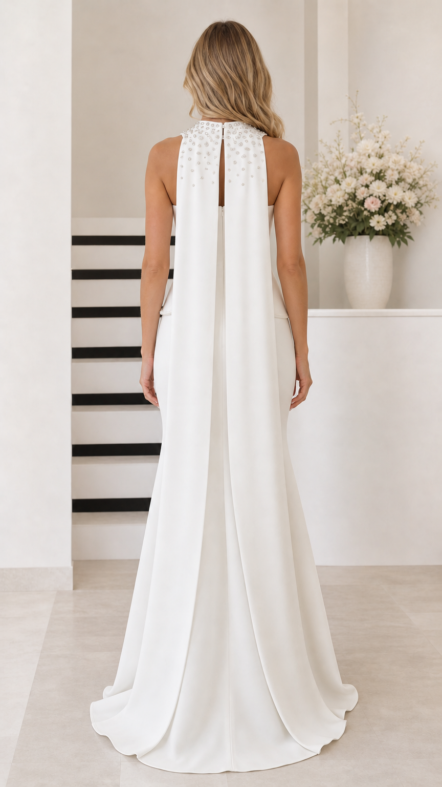White formal evening dress back view showing embellished neck and cape train