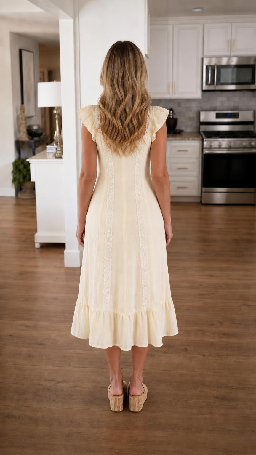 Back view of woman wearing yellow midi dress showcasing tiered hem
