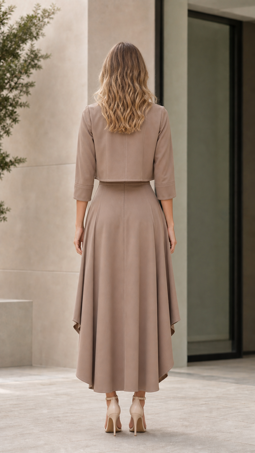Back view of model wearing taupe two-piece cropped jacket and maxi skirt
