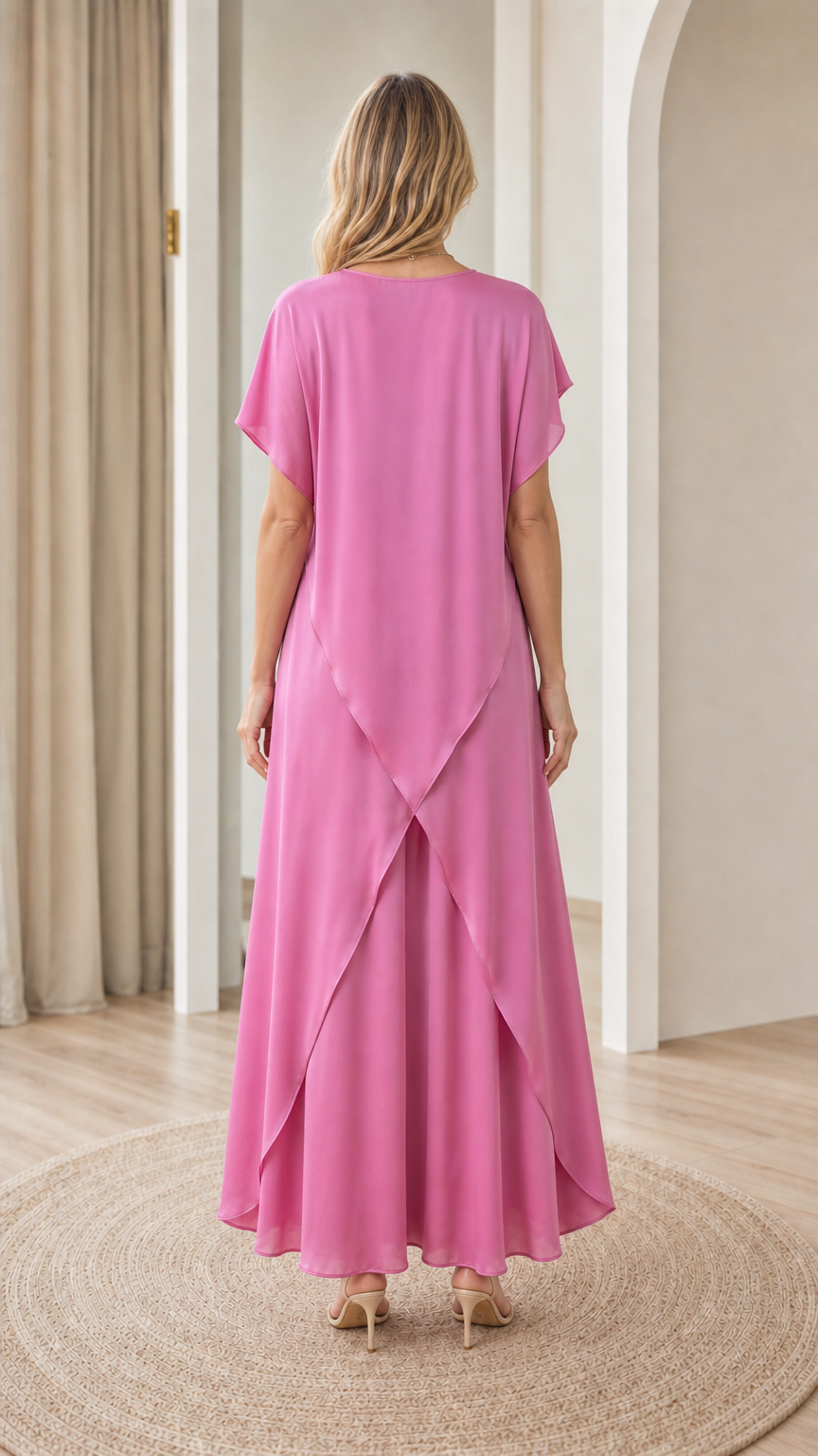 Back view of model showing the symmetrical tulip split hem detail on fuchsia pink tunic set
