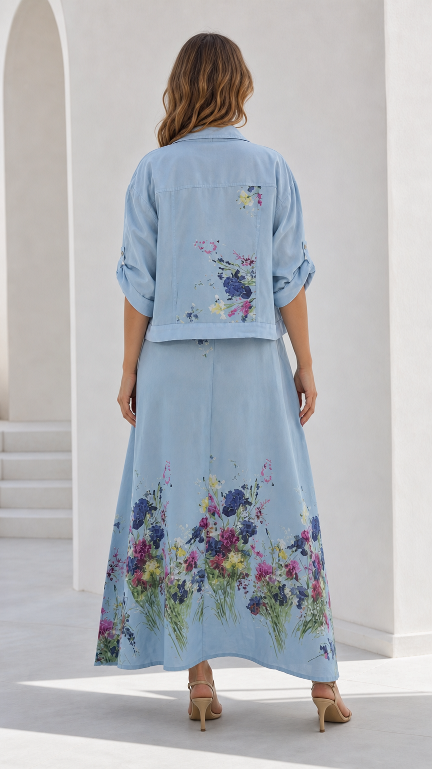 Back view of sky blue floral print cropped jacket and long maxi skirt set