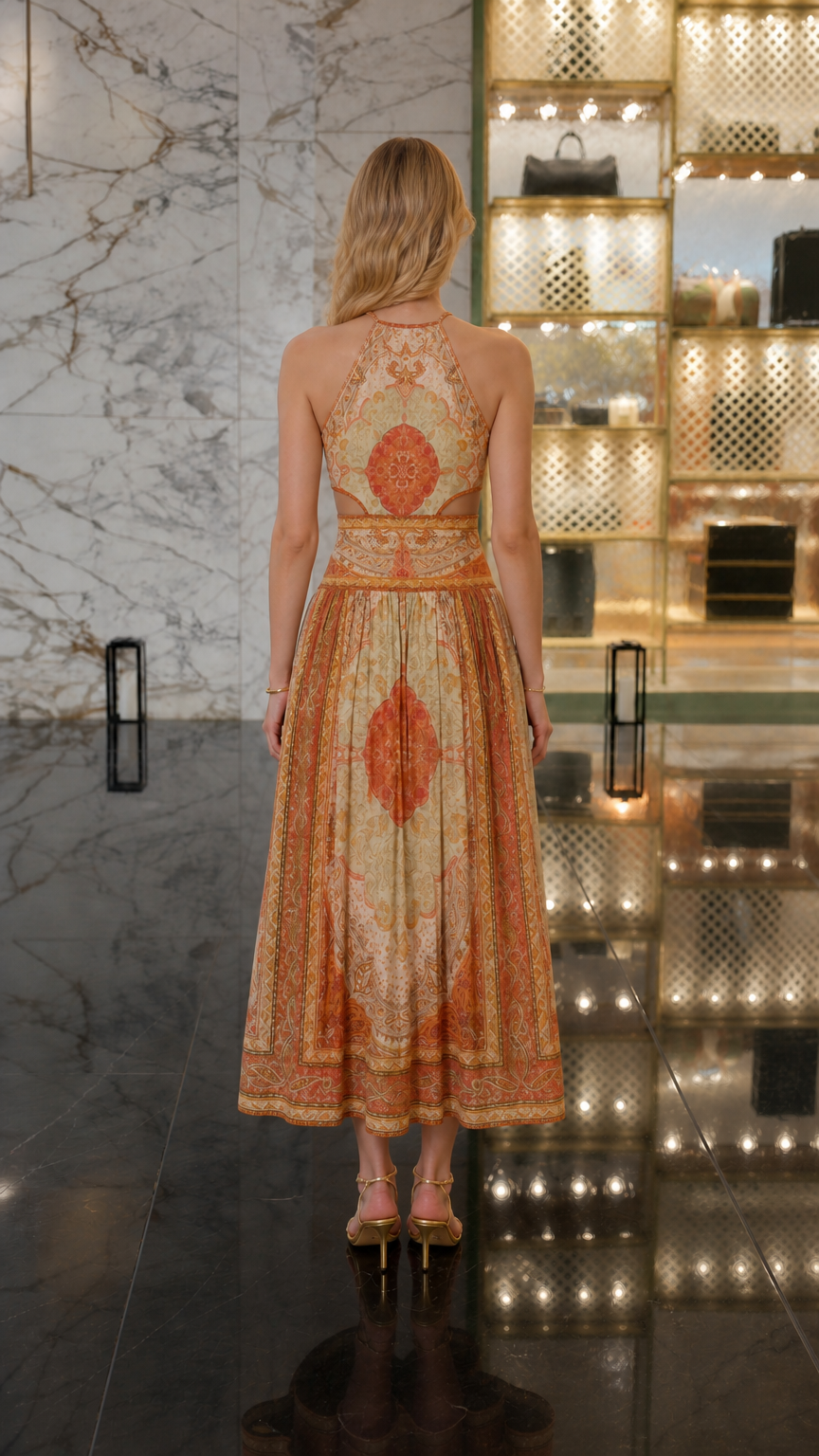 Back view of Yellow Multi halter midi dress