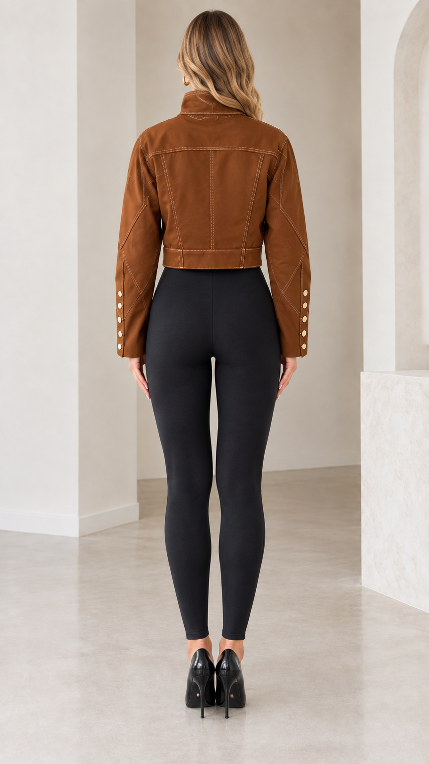 Back view of Caramel Brown cropped jacket showing structured paneling and waistline